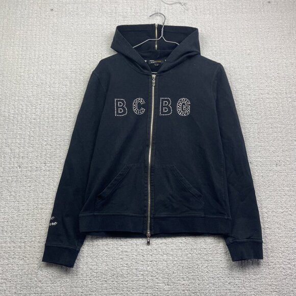 Y2K BCBG Maxazria Black Full Zip Hoodie Sweater Rhinestone Women Sz L Goth Punk - Picture 1 of 13